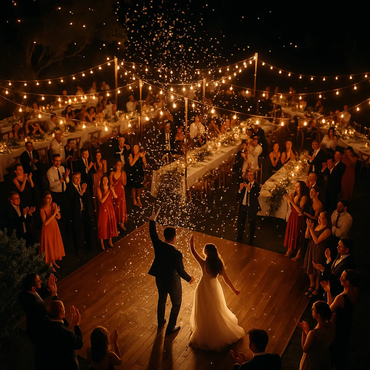 Outdoor wedding couple with lights